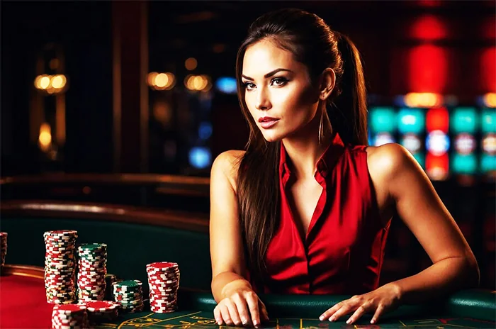 Ruang kasino live dengan meja permainan dan dealer