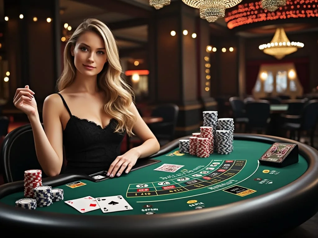 Suasana meja kasino live dengan tampilan dealer dan layar permainan